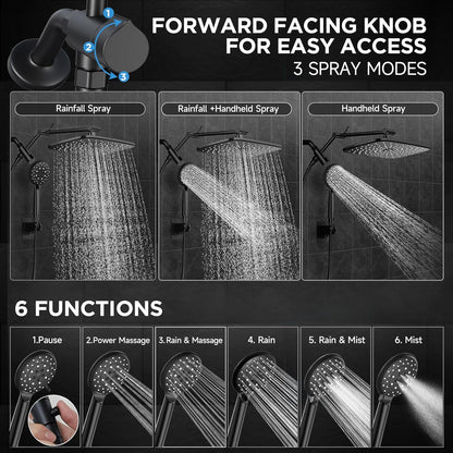 Veken Wide Rain Shower Head with 6 Modes Handheld Water Spray，High Pressure Showerhead Combo with Arm for Bathroom Accessories，Home Decor Adjustable Dual Shower with Anti-Clog Nozzles，Matte Black