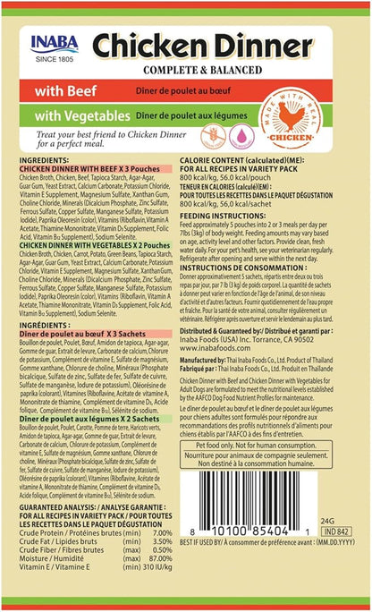 INABA Chicken Dinner for Dogs, Soft Pate Wet Dog Food, Complete & Balanced, 2.4 oz. Pouch, 15 Pouches, Beef & Vegetables Variety