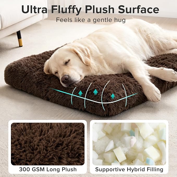 JOEJOY Large Dog Bed Crate Pad, Deluxe Plush Washable Dog Beds Fulffy Soft Kennel Pad Anti-Slip Pet Sleeping Mat for Extra Large Medium Small Dogs, 44" x 32", Brown