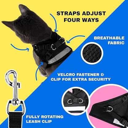 Travel Cat Harness and Leash Set - Adjustable Fit Mesh Cat Harness and Reflective Strap - Comfort Walking Vest for Kitten for Outdoor Walking, Hiking (Large, Black)