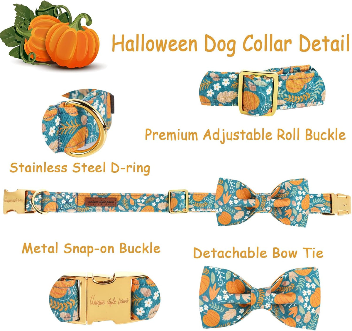 Unique style paws Halloween Dog Collar with Bow Tie Pumpkin Cotton Collar Adjustable Puppy Collar for Small Medium Large Dogs-M