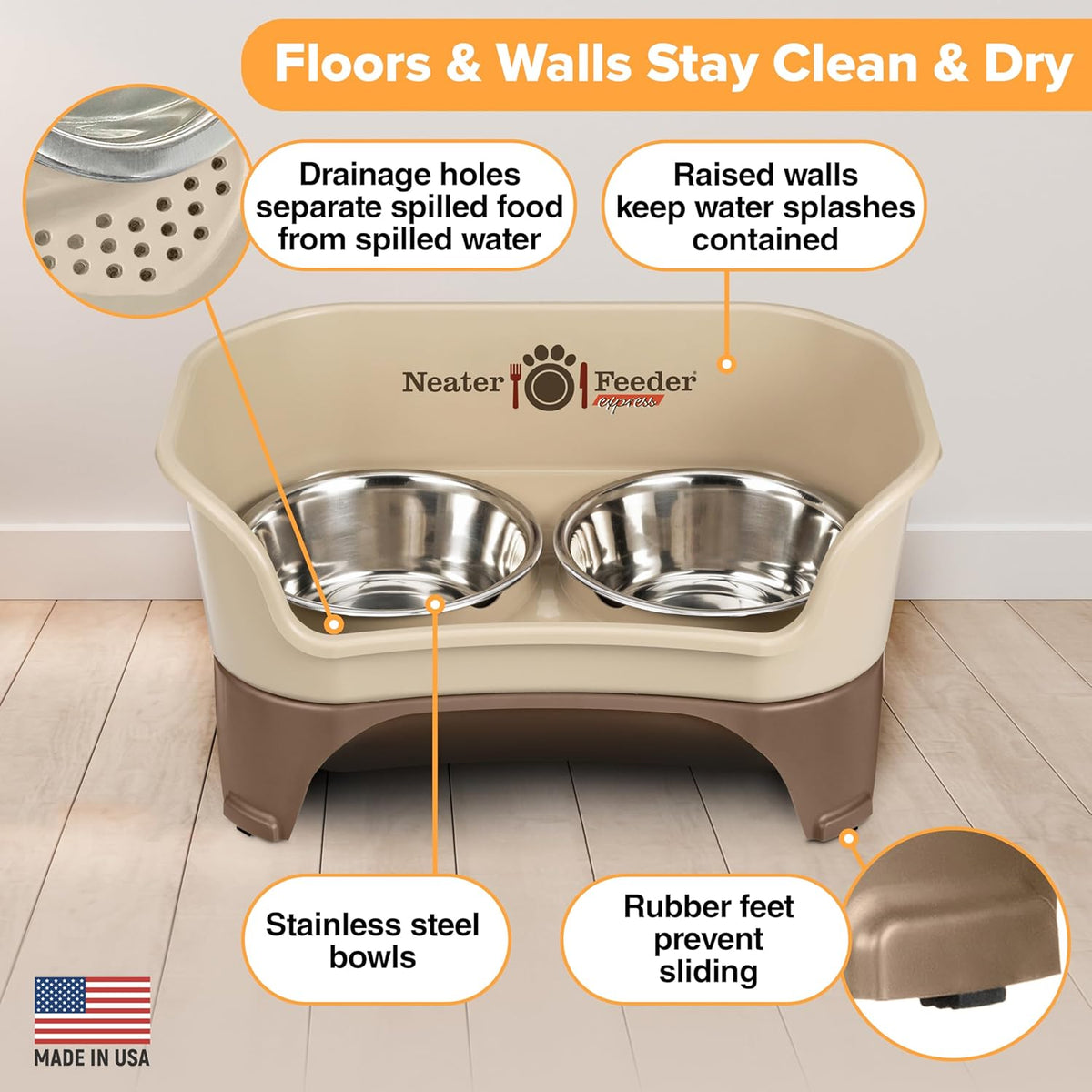 Neater Feeder Express Mess Proof Dog Bowls Elevated for Medium to Large Sized Breed, No Spill Raised Dog Food Bowl Stand, Stainless Steel Food and Water Bowl Set, Pet Dish Feeding Station, Cappuccino