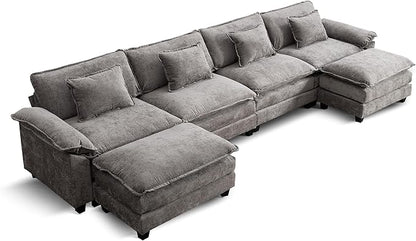 URRED Cloud Couch Modular Sectional Sofa, 157" Modern U Shaped Deep Seat Sofa with 2 Ottomans & Pillows, Ultra Comfy Chenille Couches for Living Room, Bedroom or Apartment, Gray