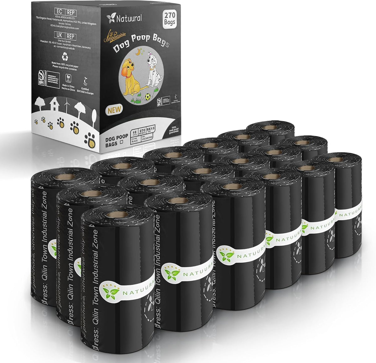 Certified Compostable Dog Poop Bags-270 Bags 18Rolls, Poop Bags for Dogs Made of Cornstarch - ASTM D6400 By USA, Leakproof Easy Open, Unscented Dog Waste Bags (Black)