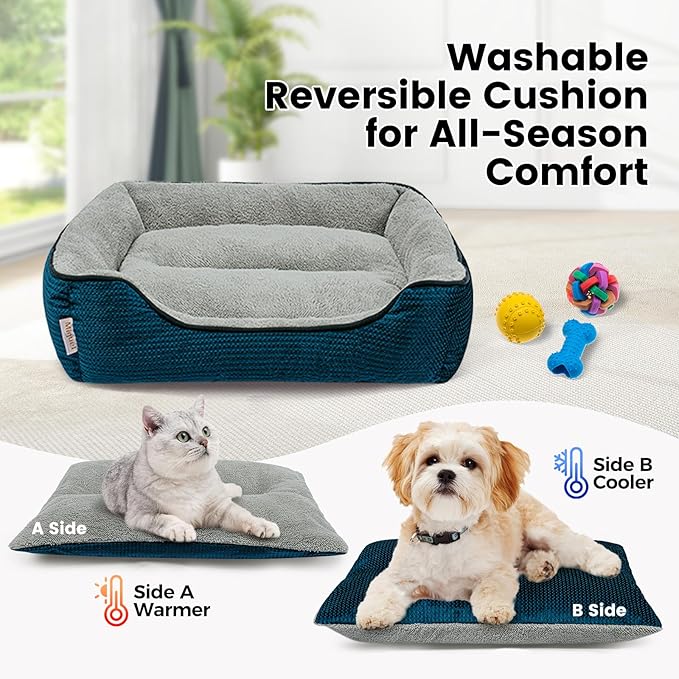 Miguel Dog Bed with Removable Cushion/Pillow for Medium Small Dogs, Washable Pet Bed with Side Easy to Wash Puppy Bed, Large Rectangle Cat Bed for Indoor Cat with Anti-Slip Bottom, Blue 35 Inch