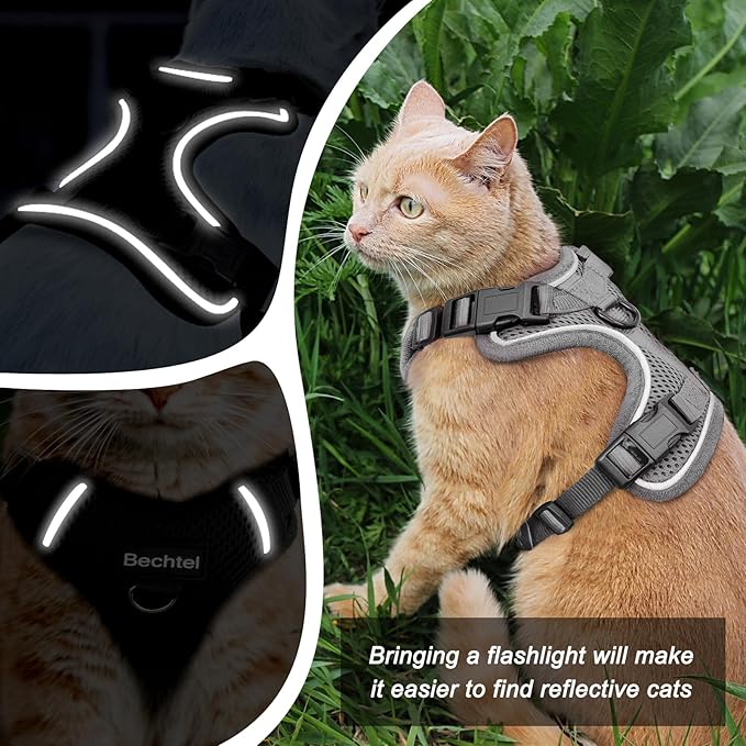Cat Harness and Leash Set for Walking Escape Proof, Adjustable Soft Kittens Vest with Reflective Strip for Cats, Comfortable Outdoor Vest, Cat Car Leash, Grey, XXS