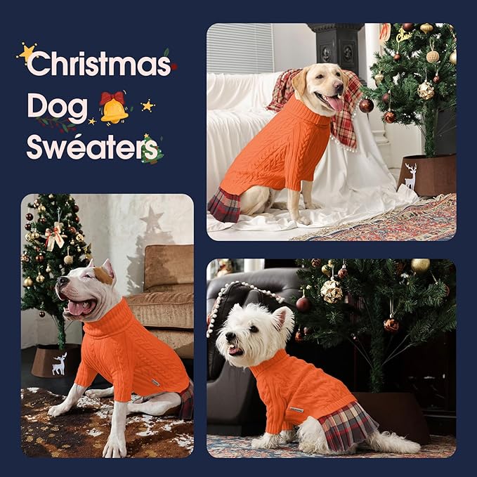 IECOii Girl Dog Sweater Dress - Cable Knit Dog Sweater for Small Dogs Girl - Orange, Medium, Turtleneck Pullover Sweaters with Tartan Plaid Skirt, Adorable Warm Dog Knitted Dress for Christmas