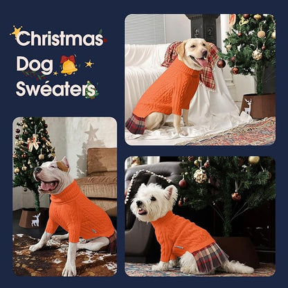 IECOii Girl Dog Sweater Dress - Cable Knit Dog Sweater for Small Dogs Girl - Orange, Medium, Turtleneck Pullover Sweaters with Tartan Plaid Skirt, Adorable Warm Dog Knitted Dress for Christmas