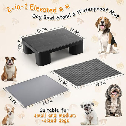 Elevated Dog Bowl Stand with Waterproof Dog Food Mat, Non-Slip, 1 Pc, Black | Reduce Neck & Joint Strain, Easy to Clean Silicone Pet Feeding Mat, Sturdy Legs, Ideal for Small & Medium Dogs and Cats