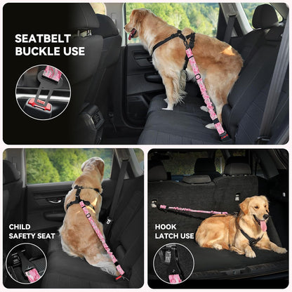 Pawaboo 2Pack Dog Seatbelt for Car, Dog Car Seat Belt Bungee, Dogs Tether for Cars with Buckle & Hook Latch, Adjustable Reflective Dogs Cars Harness Leash with 360° Lockable Buckle, Pink Camouflage