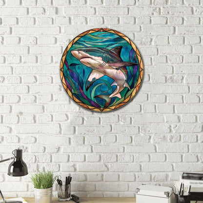 Lygond Metal Sign Tin Sign Circular Stained Glass Shark Decor Outdoor for Patio 12×12 Inches