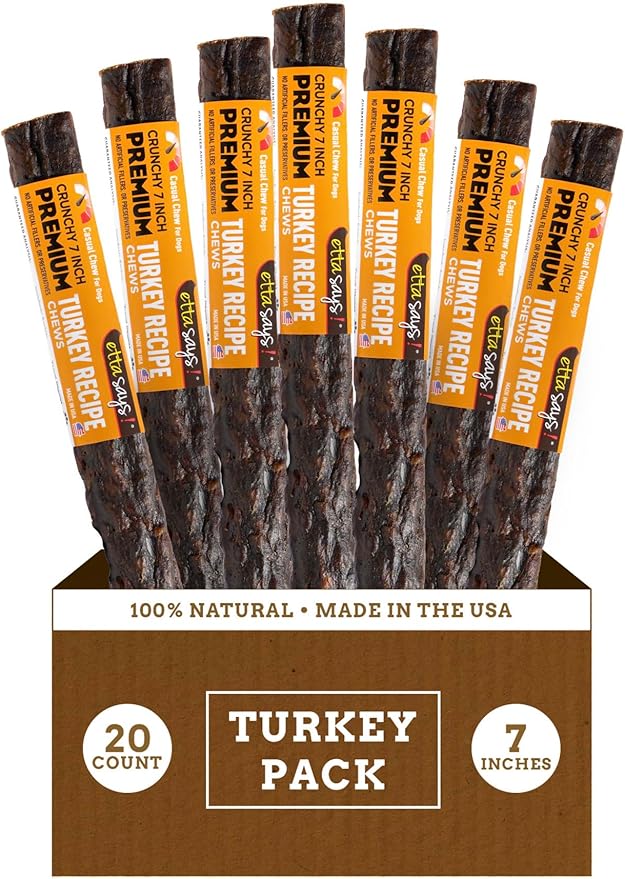 etta says! Premium Crunchy 7" Turkey Chews - Grain-Free Dog Treats, Good for Teeth, Easy to Digest - Made in The USA (20 Count Pack of 1)