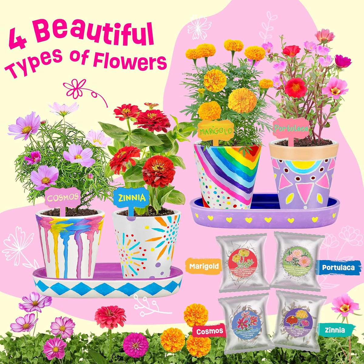 4 Set Paint & Plant Flower Gardening Kit - Gifts for Girls Ages 8-12, Arts and Crafts for Kids Ages 8-12, Kids Gardening Set, Birthday Toys Gifts for Girls Boys Ages 6 7 8 9 10 11 12