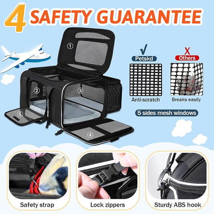 Petskd Top and Side Expandable Pet Carrier 17x11x9.5 Inches Alaska Airline Approved, Soft-Sided Carrier for Small Cats and Dogs with Locking Safety Zippers and Anti-Scratch Mesh(Black)