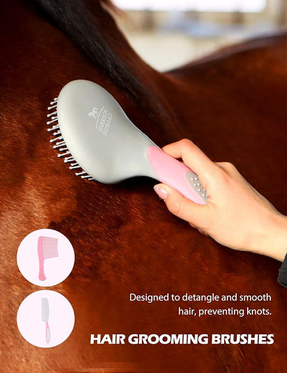 Harrison Howard Complete Horse Grooming Set, 11-Piece Advanced Daily Grooming Tools with Extra Brushes for Full Horse Care Pink Brushstroke Ponies