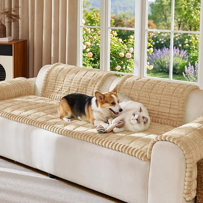 FUANGUI Waterproof Couch Cover Sofa Cover for Dogs and Pets Sofa Protector | Non-Slip Washable Fuzzy Soft Cat Bed Sofa Slipcover for 2-3 Cushion Couch Sofa Pet Friendly, Khaki, 27.6" x 70.9", 1 pcs