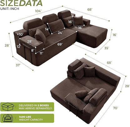 ZQRhome 104" L Shaped Boneless Couch Sectional Sofa with Chaise & Headrest, Boneless Deep Seat Plush Corduroy Couches for Living Room, No Assembly Required (Brown, 104" L-shapred Chaise)