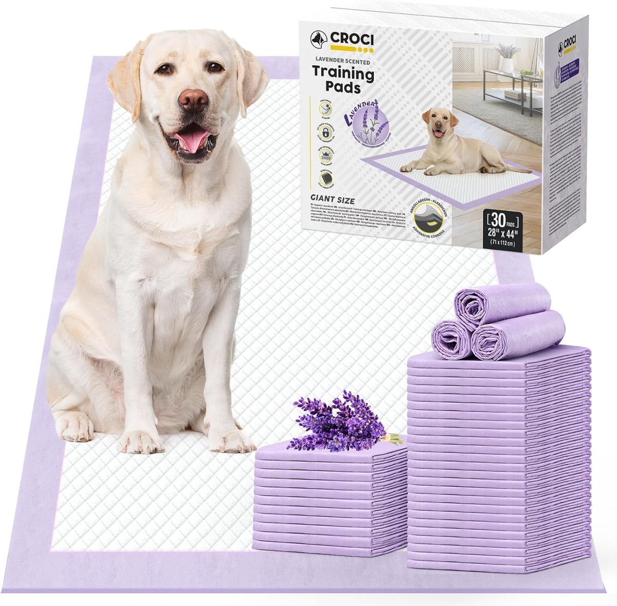CROCI Dog Pads Extra Large 28x44in, Puppy Pads with Adhesive Tabs Super Absorbent Up to 12 Cups, Disposable (30 Counts)