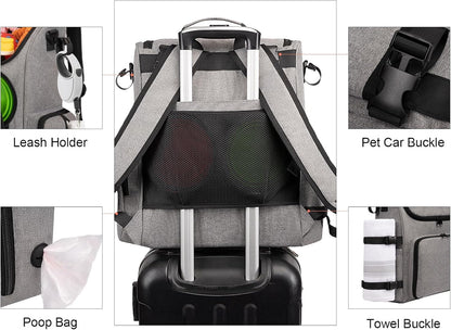 Modoker Dog Travel Bag Backpack, Airline Approved Pet Accessories Organizer for Dog and Cat with Shoulder Strap, 2 Dog Food Storage Containers, 2 Collapsible Dog Bowls,1 Pet Mat, Grey