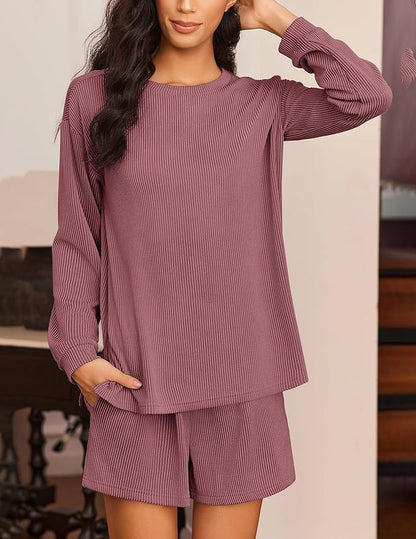Ekouaer 2 Pieces Lounge Set for Women Long Sleeve Pajamas Top and Shorts Matching Sets Outfits with Pockets