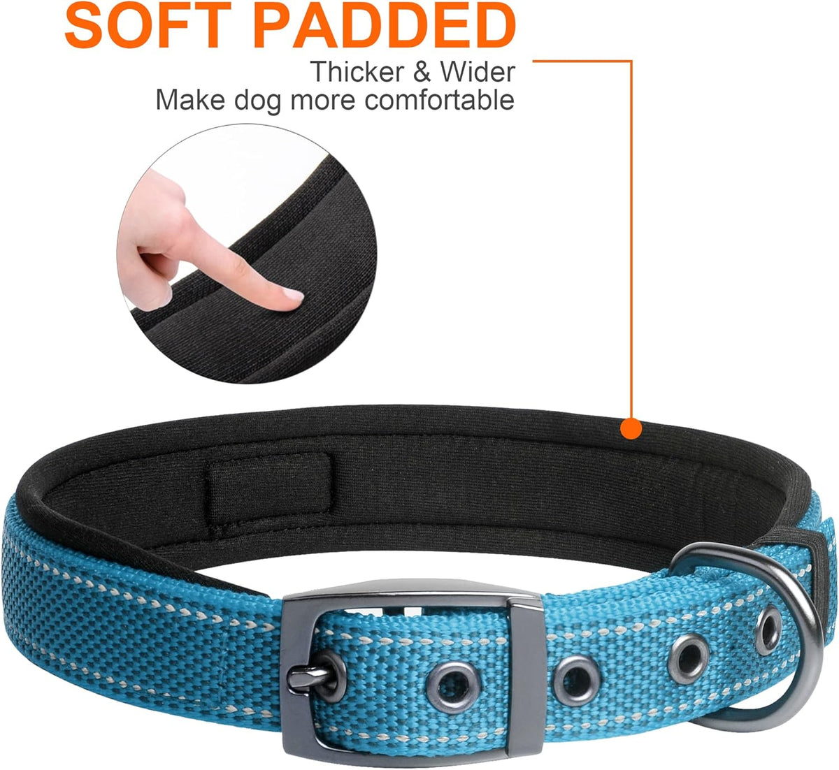 Fida Heavy Duty Dog Collar, Ultra Comfortable Soft Neoprene Padded, Adjustable Reflective Nylon Pet Collar with Durable Metal Belt Buckle for Large Breeds (L, Blue)