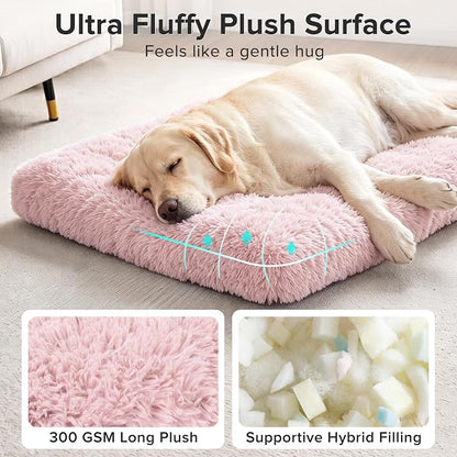 JOEJOY Large Dog Bed Crate Pad, Deluxe Plush Washable Dog Beds Fulffy Soft Kennel Pad Anti-Slip Pet Sleeping Mat for Large Medium Small Dogs, 35" x 23", Pink