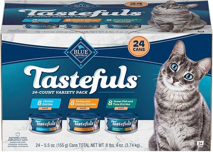 Blue Buffalo Tastefuls Wet Cat Food Paté Variety Pack, Made with Natural Ingredients, Chicken, Turkey & Chicken, Ocean Fish & Tuna Entrées, 5.5-oz Cans (24 Count, 8 of Each)