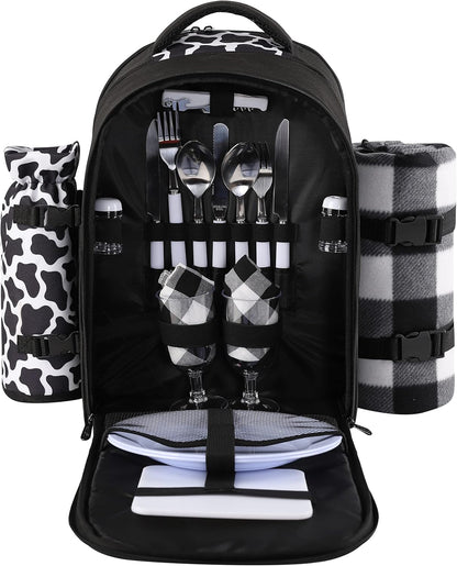apollo walker Picnic Backpack Bag for 2 Person with Cooler Compartment, Detachable Bottle/Wine Holder, Fleece Blanket, Plates and Cutlery Set (2 Person, Black)