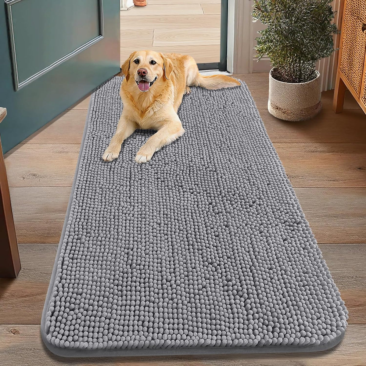 Smiry Dog Door Mat for Muddy Paws 48x30, Absorbs Moisture and Dirt Doormat, Non-Slip Washable Quick Dry Chenille Front Door Mat Indoor Entrance, Entryway Carpet for Inside Floor, Grey