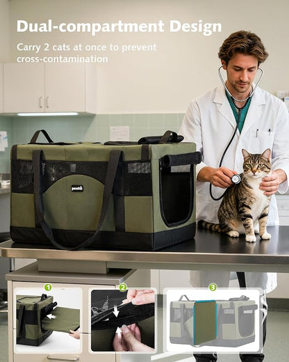 Pecute Cat Carrier, Soft Double Pet Crate for 2 Cats Travel, Green | 5mm Anti-collapse Frame, Convertible Dual Space, Foldable, Polyester Breathable mesh, Up to 26 lbs, Car Travel & Vet Visits