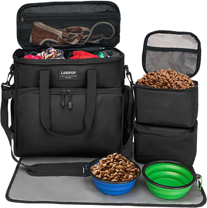 Dog Travel Bag,Weekend Pet Travel Bag Set for Dog and Cat,Airline Approved Tote Multi-Function Dog Bags for Traveling,Include 2 Collapsible Bowls,2 Food Storage Containers,1 Feeding Mat,Black