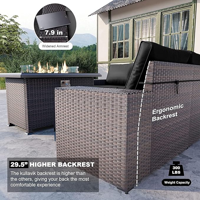 Kullavik 13 Pieces Outdoor Patio Furniture Set with 43" 55000BTU Gas Propane Fire Pit Table PE Wicker Rattan Sectional Sofa Patio Conversation Sets,Black