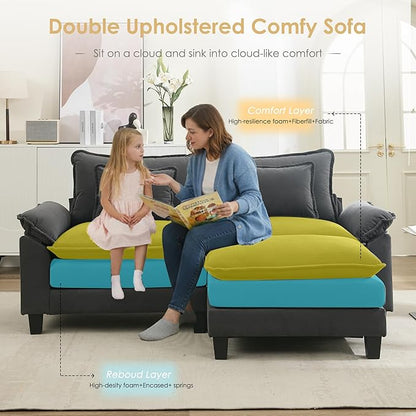 URRED Cloud Couch Modular Sectional Sofa, 87" Modern L Shaped Deep Seat Sofa with Ottoman & Pillows, Ultra Comfy Velvet Couches for Living Room, Bedroom or Apartment, Dark Gray