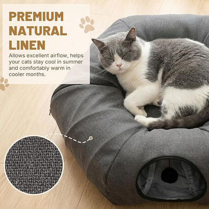 Cat Tunnel Bed for Indoor Cats, Cooling Natural Linen Cat Tunnel 29.5in | Breathable Kitten Toys Cat Tunnel with Washable Mat, Round Pet Tunnel for Kittens, Squirrels Dark Grey