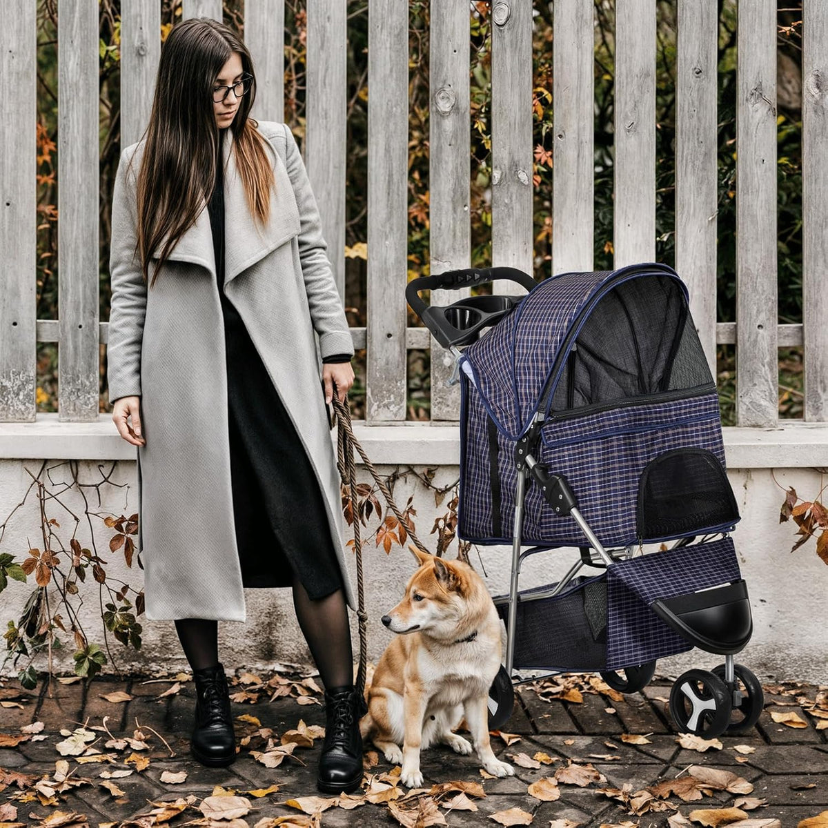 MoNiBloom 3 Wheels Pet Dog Cat Stroller for Small Medium Dogs Cats, Lightweight Foldable Jogger Stroller w/Storage Basket and Cup Holder, Plaid