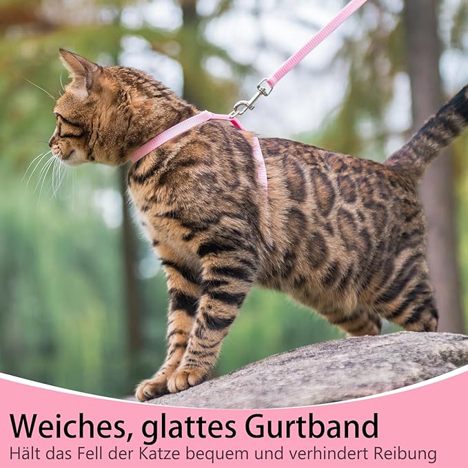 PUPTECK Adjustable Cat Harness and Leash Set Escape Proof Kitten Strap Collar for Walking Travel, Pink, M
