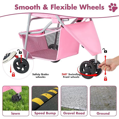 DUMOS 3 Wheels Pet Stroller for Small Dogs and Cats | Foldable Dog Stroller with Mesh Windows, Storage Basket & Cup Holder, Lightweight & Durable Pet Carrier for Travel, Pink