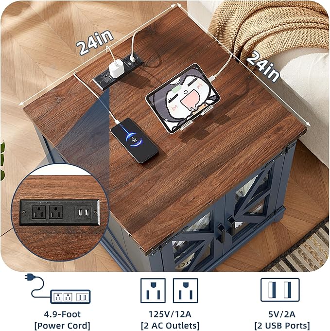 Farmhouse Coffee Table Sets 2 Pieces, Large End Side Tables with Charging Station and Coffee Table with Hidden Storage Compartment, Black Living Room Table Set, Wood Furniture Sets for Home Office