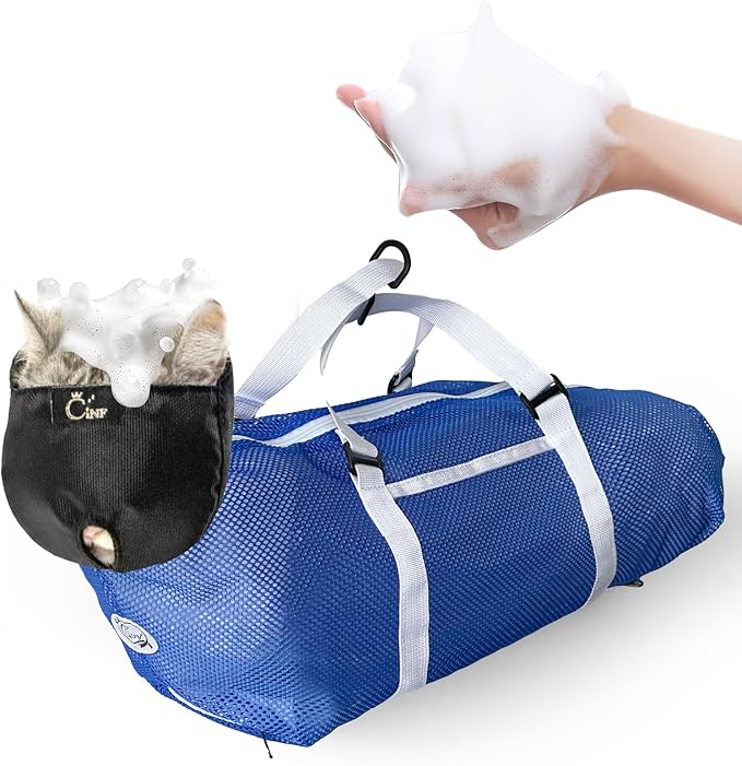 Cinf Cat Bathing Bag(Free Muzzle) Breathable Mesh Anti Scratch Adjustable Cat Grooming Bag for Nail Trimming, Bathing Soft Cat Washing Bag(Blue) M