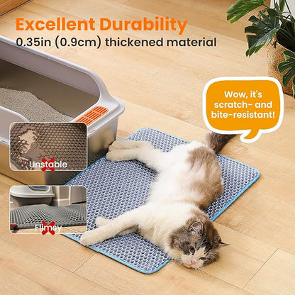 Cat Litter Mat, 24x18 Inches Large Double Layer Honeycomb Cat Litter Trapping Mat, Non Slip Waterproof Urine Proof Cat Litter Box Mat for Floor, Kitty Litter Rug, Cat Supplies, Blue
