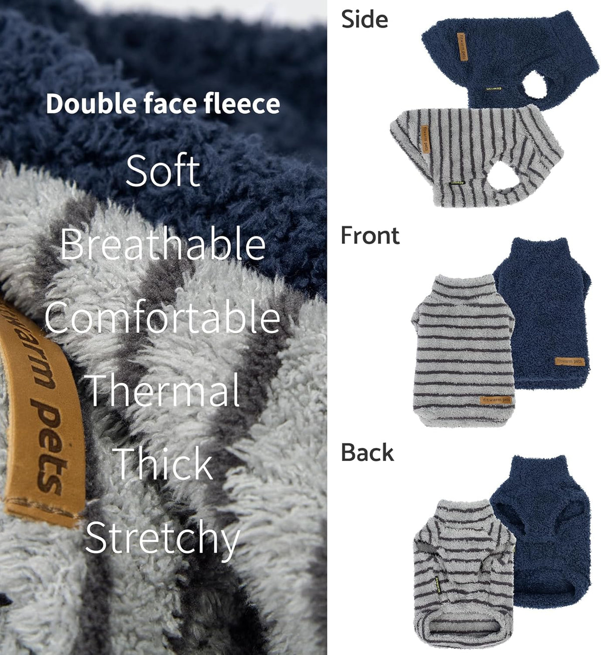 Fitwarm 2 Pack Striped Fleece Dog Sweater, Warm Winter Dog Clothes for Small Dogs Boy Girl, Fuzzy Pet Outfit, Doggy Pullover Jumper, Grey, Navy, Medium