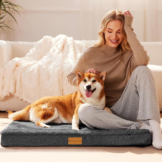 Patas Lague Orthopedic Large Dog Bed Pet Sofa Mat 42''X28'' Dark Grey | Egg-Crate Foam Dog Couch For Large Sized Dogs, Waterproof Removable Washable Cover, Soft Pet Crate Bed With Nonskid Bottom
