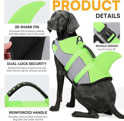 Dog Life Jacket Ripstop Shark Dog Safety Vest Adjustable Preserver with High Buoyancy and Durable Rescue Handle for Small,Medium,Large Dogs, Green Shark X-Small