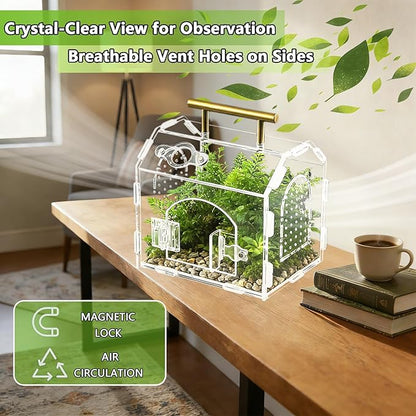 5.9" x 4.7" x 5.5" Acrylic Jumping Spider & Tarantula Enclosure – Transparent Insect Terrarium with Handle & Magnetic Door for Reptiles, Amphibians & Spiders