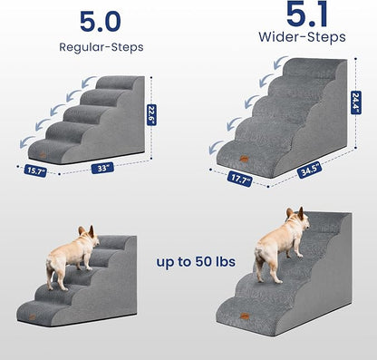 GoGoBunny Ramp Dog Stairs for High Beds 24.4" H, 5-Step Extra Wide Dog Slope Stairs with Durable Waterproof Fabric Cover, Pet Steps for Old Large Dogs Climbing, Non-Slip Sturdy Indoor Step, Grey