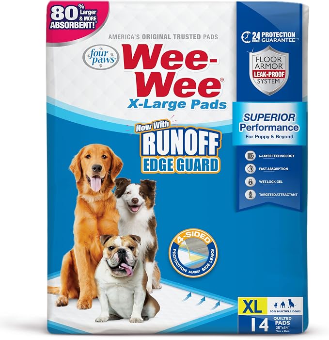 Four Paws Wee-Wee Superior Performance Unscented Extra-Large Pee Pads for Dogs & Puppies, Quilted Leak-Proof Dog Housebreaking Potty Training Floor Protection, 28" x 34", 14 Count