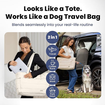 Puffer Dog Travel Bag for Dog Moms, Diaper Bag with Travel Bowls | 2 BPA-Free Collapsible Bowls, 2 Pet Food Containers, 9 Pockets, Everyday Puffer Bag Works With or Without Your Dog, Beige