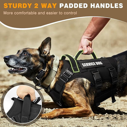 Service Dog Vest Harness for Large Dog, Tactical Working MOLLE Vest with 10 Pet Patches, No Pull Heavy Duty Harness for Training Hunting Walking