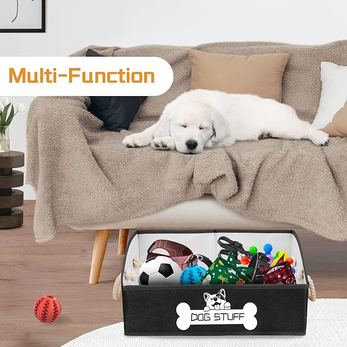 Collapsible Fabric Dog Toy Box and Storage Bin With Handle - Trapezoid Basket Chest Organizer for Pet Toys, Blankets and Accessories, Black