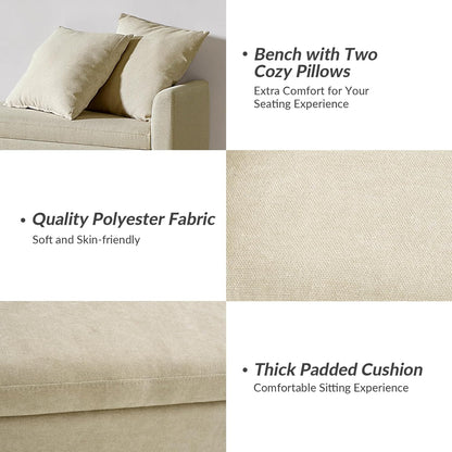 HULALA HOME Modern Storage Bench with Throw Pillows, 59.4" Extra Long Bedroom Ottoman Bench for End of Bed, Comfy Upholstered Footstool for Entryway Dining Room Living Room, Beige
